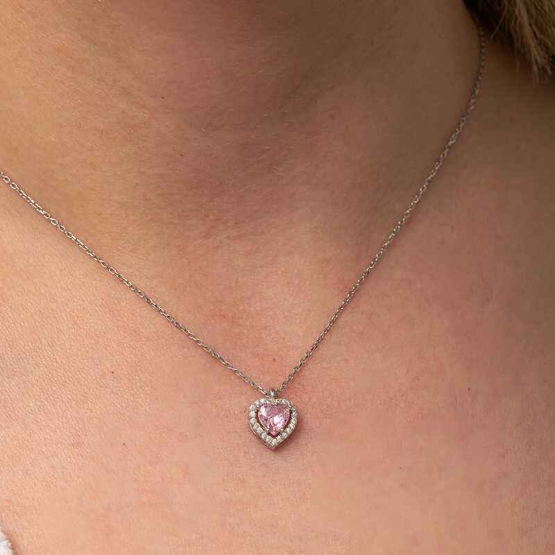 Pink Heart Stone Women's Silver Necklace