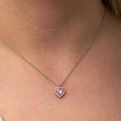 Pink Heart Stone Women's Silver Necklace