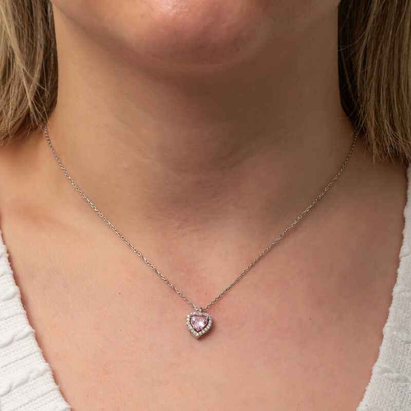 Pink Heart Stone Women's Silver Necklace
