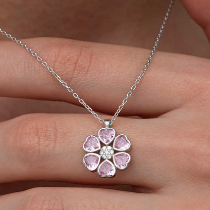 Pink Heart Flower Women's Silver Necklace