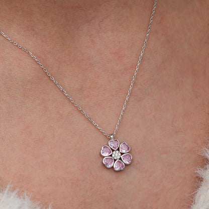 Pink Heart Flower Women's Silver Necklace