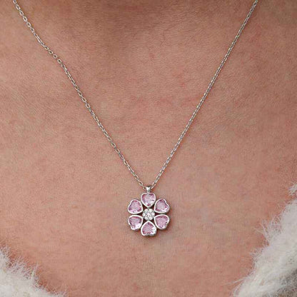 Pink Heart Flower Women's Silver Necklace