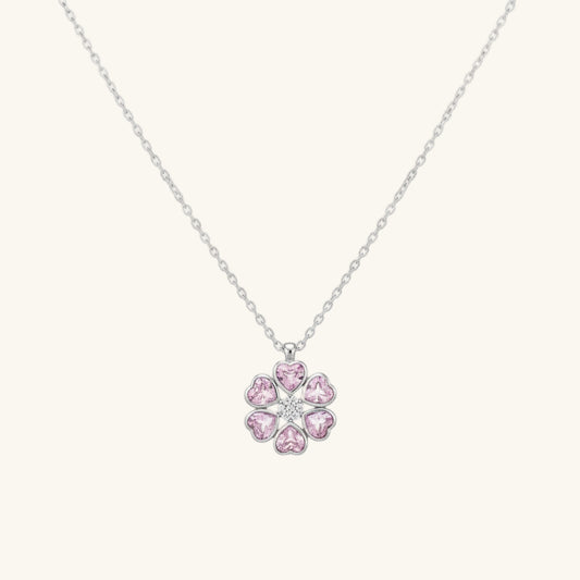 Pink Heart Flower Women's Silver Necklace