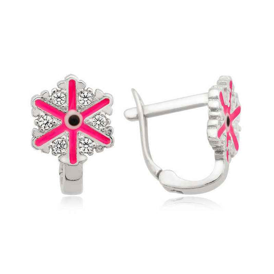 Pink Snowflake Children's Silver Earrings