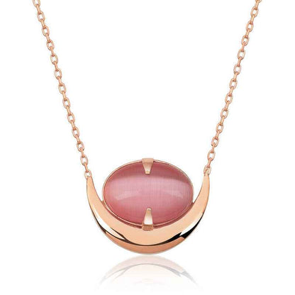 Pink Cat's Eye Stone Crescent Women's Silver Necklace