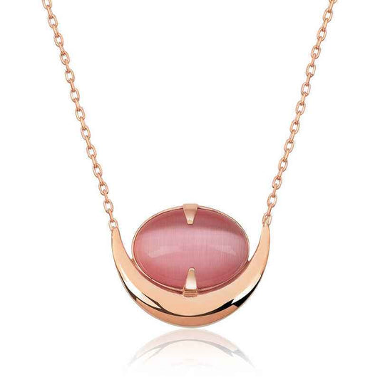 Pink Cat's Eye Stone Crescent Women's Silver Necklace