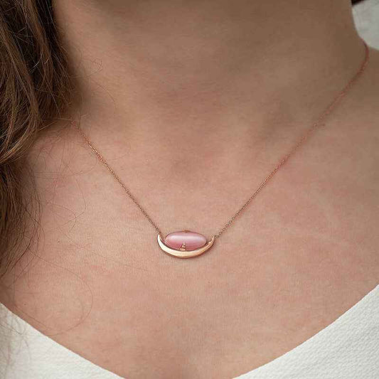 Pink Cat's Eye Stone Crescent Women's Silver Necklace