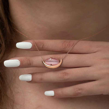 Pink Cat's Eye Stone Crescent Women's Silver Necklace
