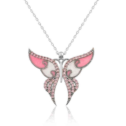 Pink Butterfly Women's Silver Necklace