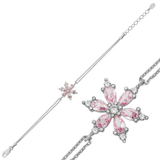 Pink Lotus Flower Women's Silver Bracelet