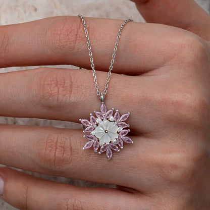 Pink Lotus Pattern Flower Women's Silver Necklace