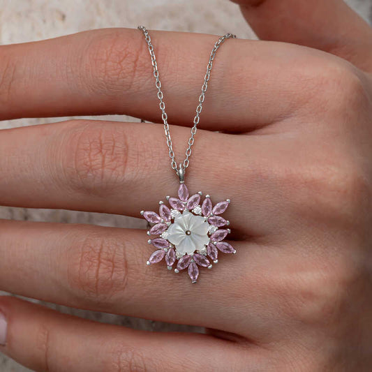 Pink Lotus Pattern Flower Women's Silver Necklace