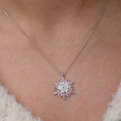 Pink Lotus Pattern Flower Women's Silver Necklace