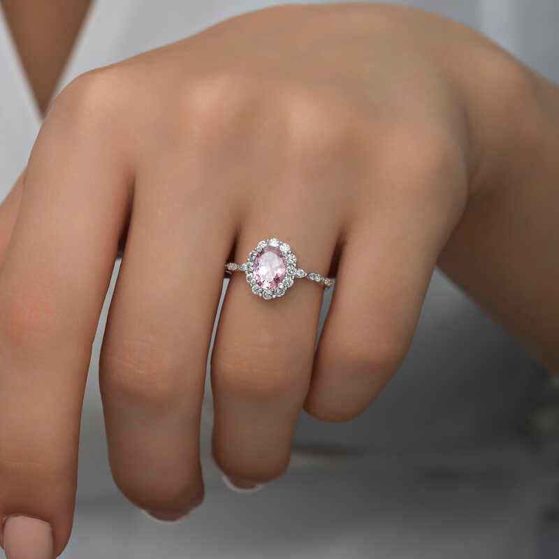 Pink Oval Stone Women's Silver Ring