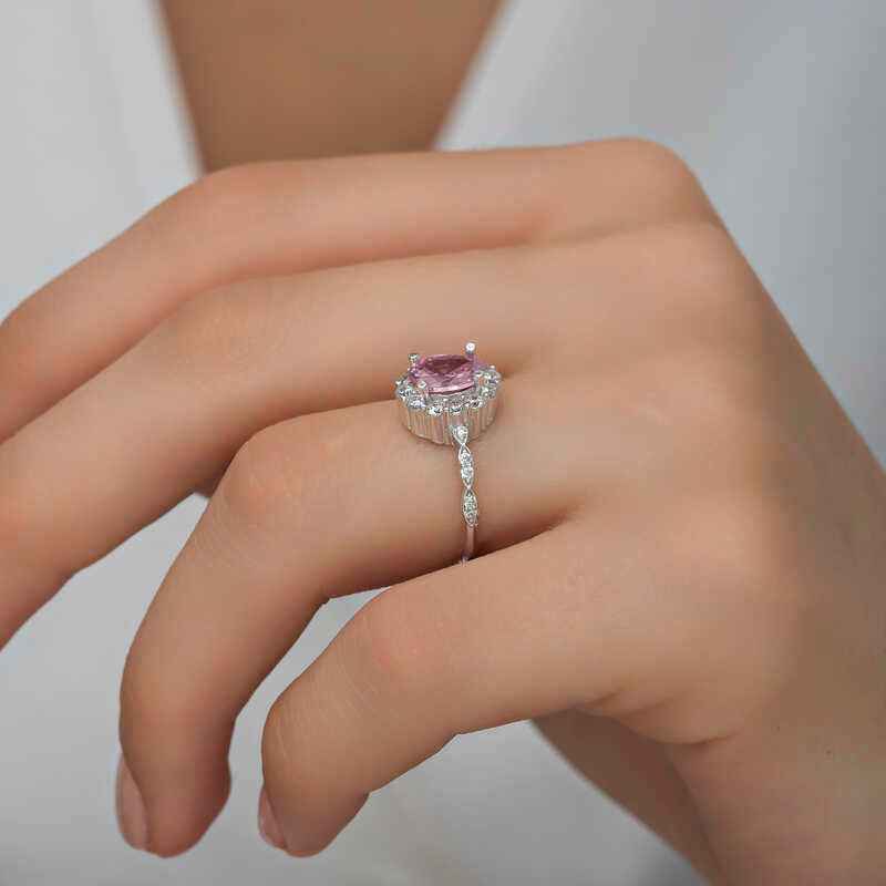 Pink Oval Stone Women's Silver Ring