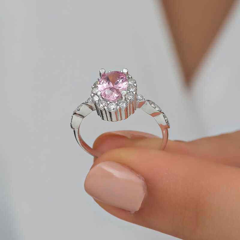Pink Oval Stone Women's Silver Ring