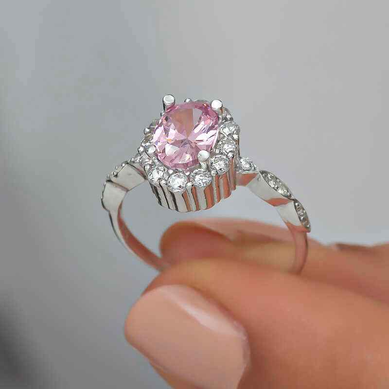 Pink Oval Stone Women's Silver Ring