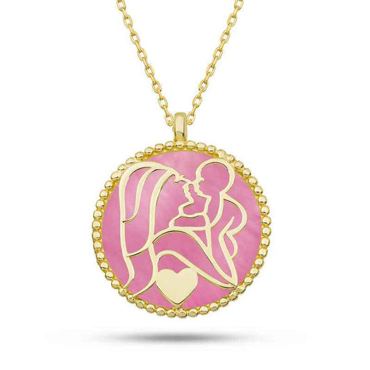 Gold Plated Pink Mother of Pearl Stone Mother Child Love Silver Necklace