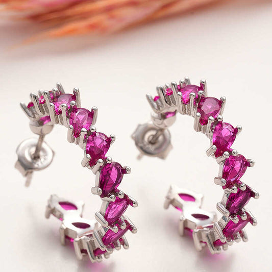 Pink Stone Drop Stud Women's Silver Earrings