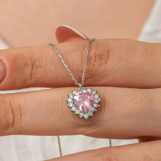 Pink Stone Heart Women's Silver Necklace