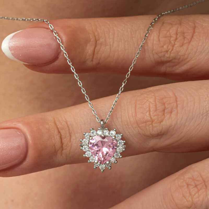 Pink Stone Heart Women's Silver Necklace