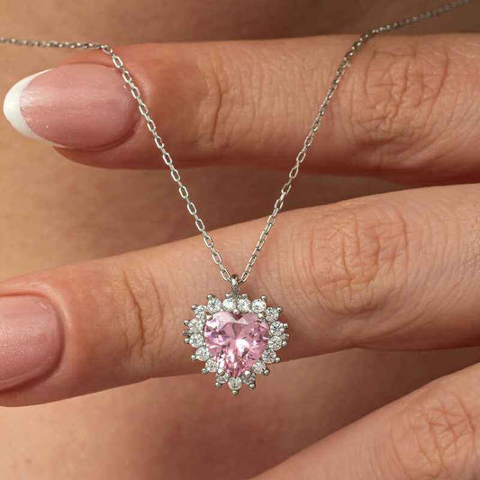 Pink Stone Heart Women's Silver Necklace