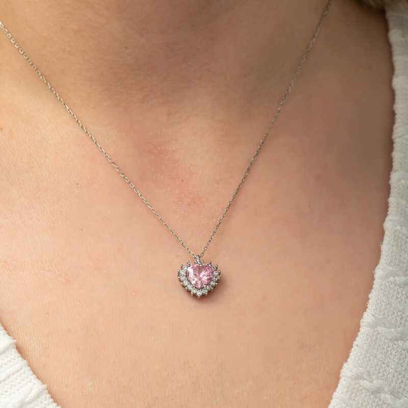 Pink Stone Heart Women's Silver Necklace