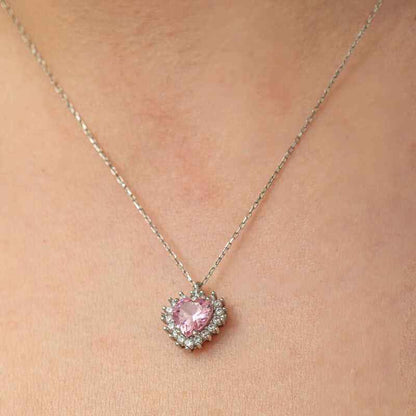 Pink Stone Heart Women's Silver Necklace