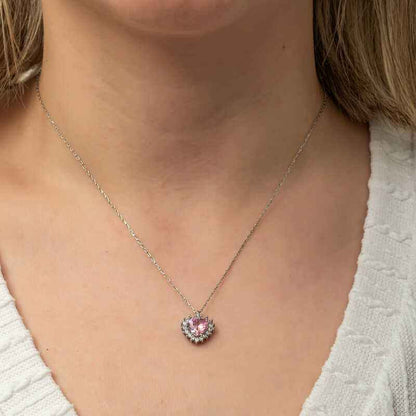 Pink Stone Heart Women's Silver Necklace