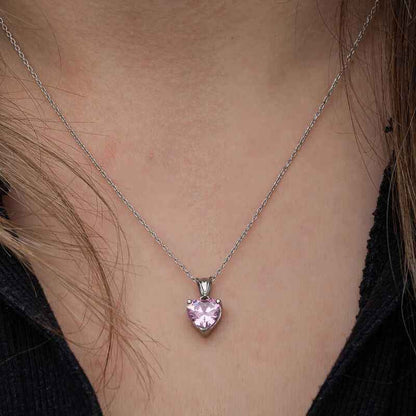 Pink Stone Heart Women's Silver Necklace
