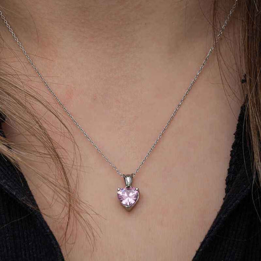 Pink Stone Heart Women's Silver Necklace