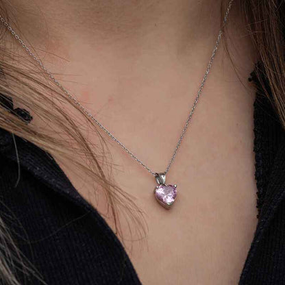 Pink Stone Heart Women's Silver Necklace