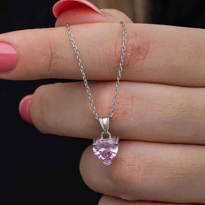 Pink Stone Heart Women's Silver Necklace