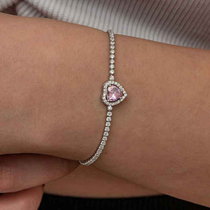 Pink Stone Heart Channel Silver Bracelet