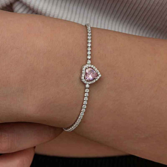Pink Stone Heart Channel Silver Bracelet
