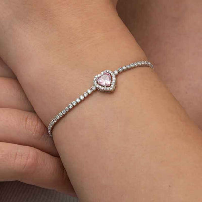 Pink Stone Heart Channel Silver Bracelet