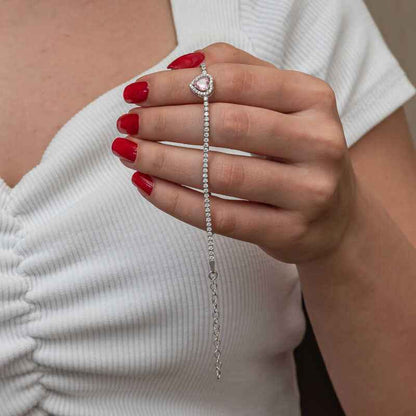 Pink Stone Heart Channel Silver Bracelet