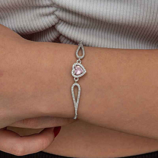 Pink Zircon Heart Stone Women's Silver Bracelet