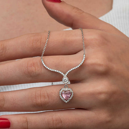 Pink Zircon Heart Women's Silver Necklace