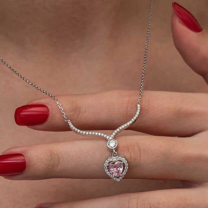 Pink Zircon Heart Women's Silver Necklace