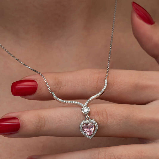 Collier en argent pour femme avec cœur en zircon rose