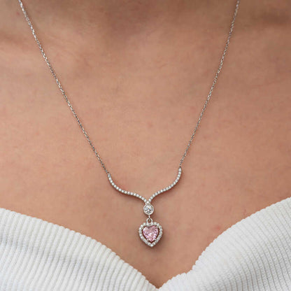 Pink Zircon Heart Women's Silver Necklace