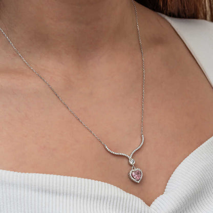 Pink Zircon Heart Women's Silver Necklace