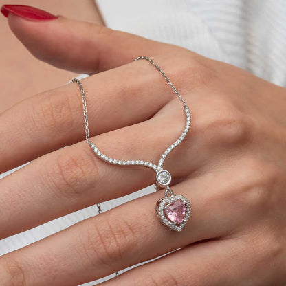 Pink Zircon Heart Women's Silver Necklace