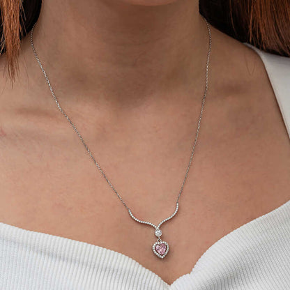 Pink Zircon Heart Women's Silver Necklace