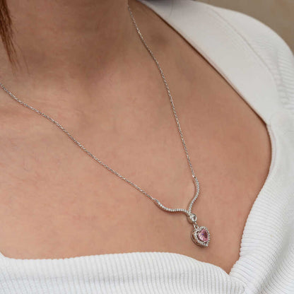Pink Zircon Heart Women's Silver Necklace