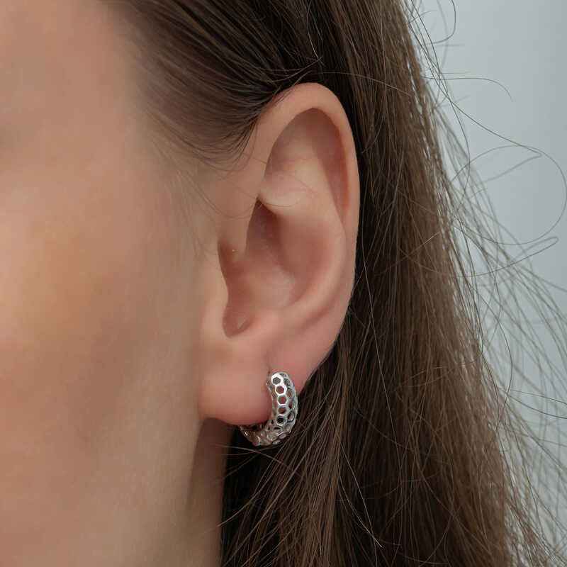 Honeycomb Pattern Women's Silver Hoop Earrings