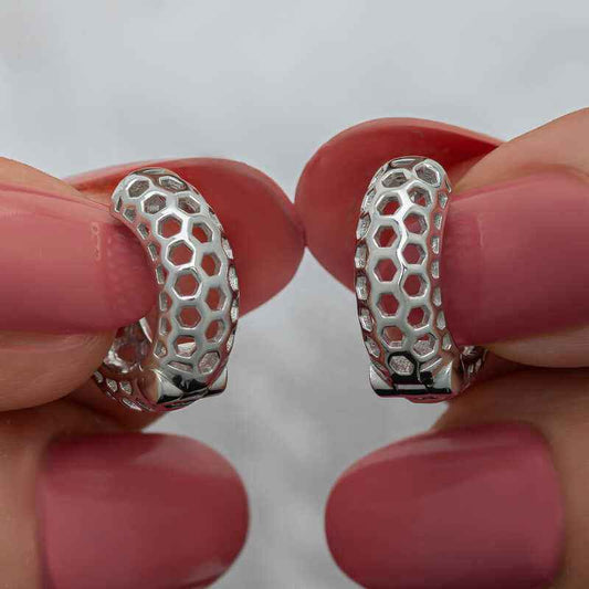 Honeycomb Pattern Women's Silver Hoop Earrings