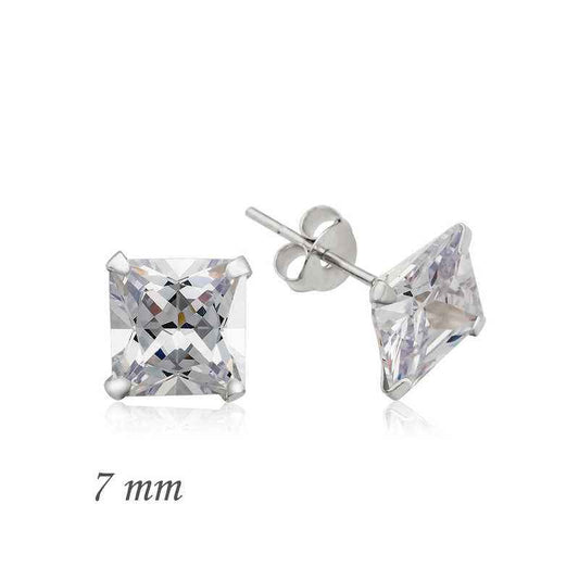 Square Single Stone Zircon Silver Earrings - 7 mm