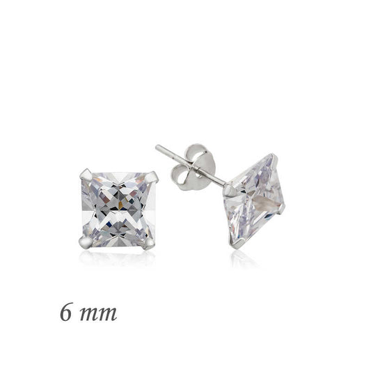 Square Single Stone Zircon Silver Earrings - 6 mm